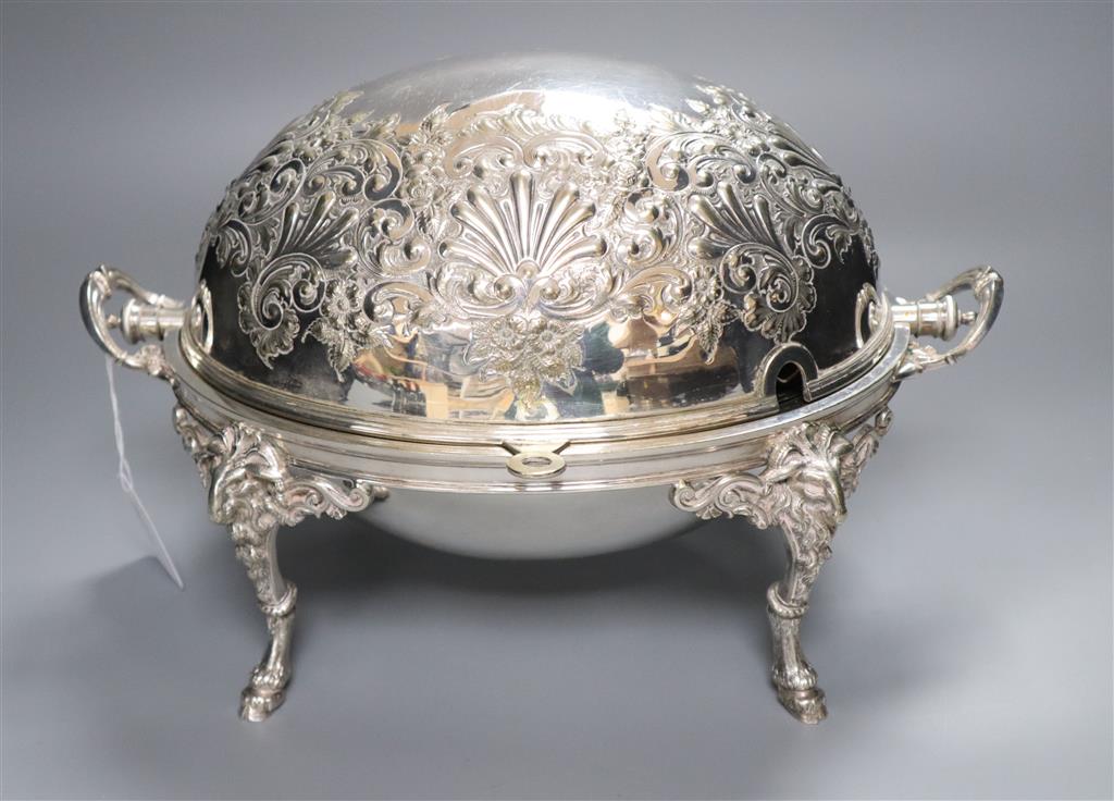 A Victorian silver plated embossed breakfast dish